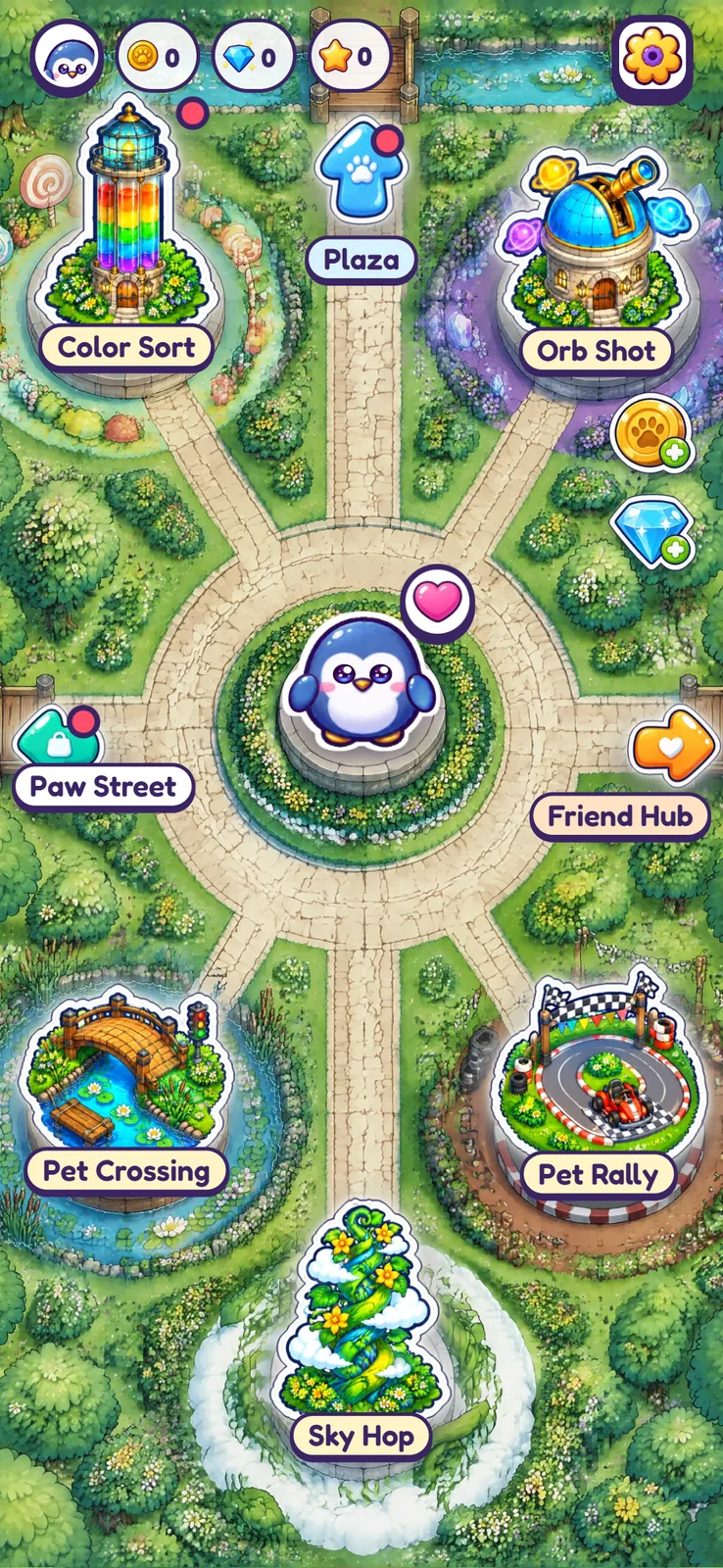 PawPop main hub with five game areas around a penguin pet